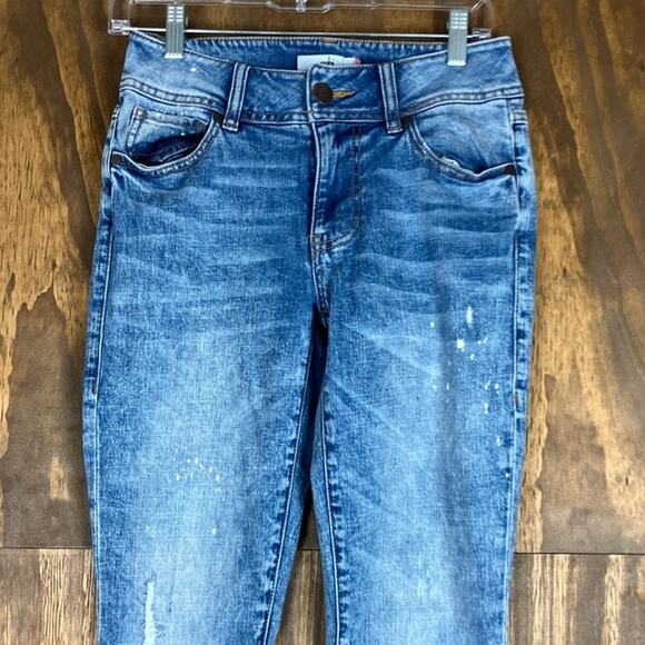 CAbi Womens Jeans Blue Denim Cinch Mid Rise Bleach Splatter Skinny Stretch 4 - Picture 2 of 11